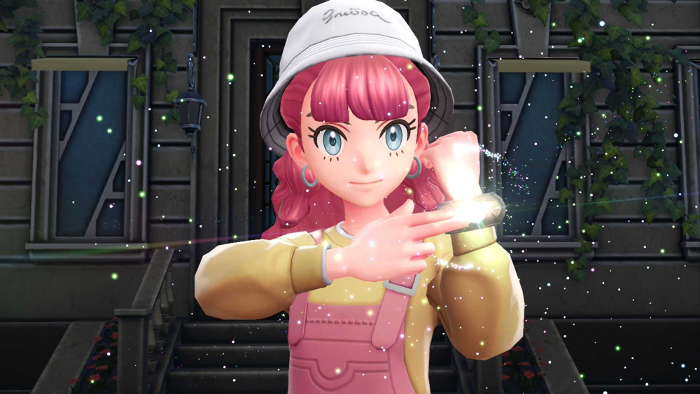 The player’s character points to the glowing keystone on her Mega Ring bracelet, which sparkles as she triggers a Pokémon’s Mega Evolution.