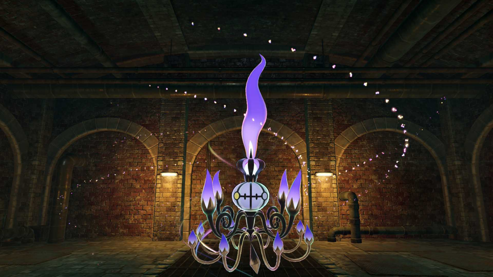 Mega Chandelure, wreathed in large purple flames, hovers in a battle scene set in the underground sewers – an example of a brand-new Mega Evolution exclusive to Pokémon Legends: Z-A.