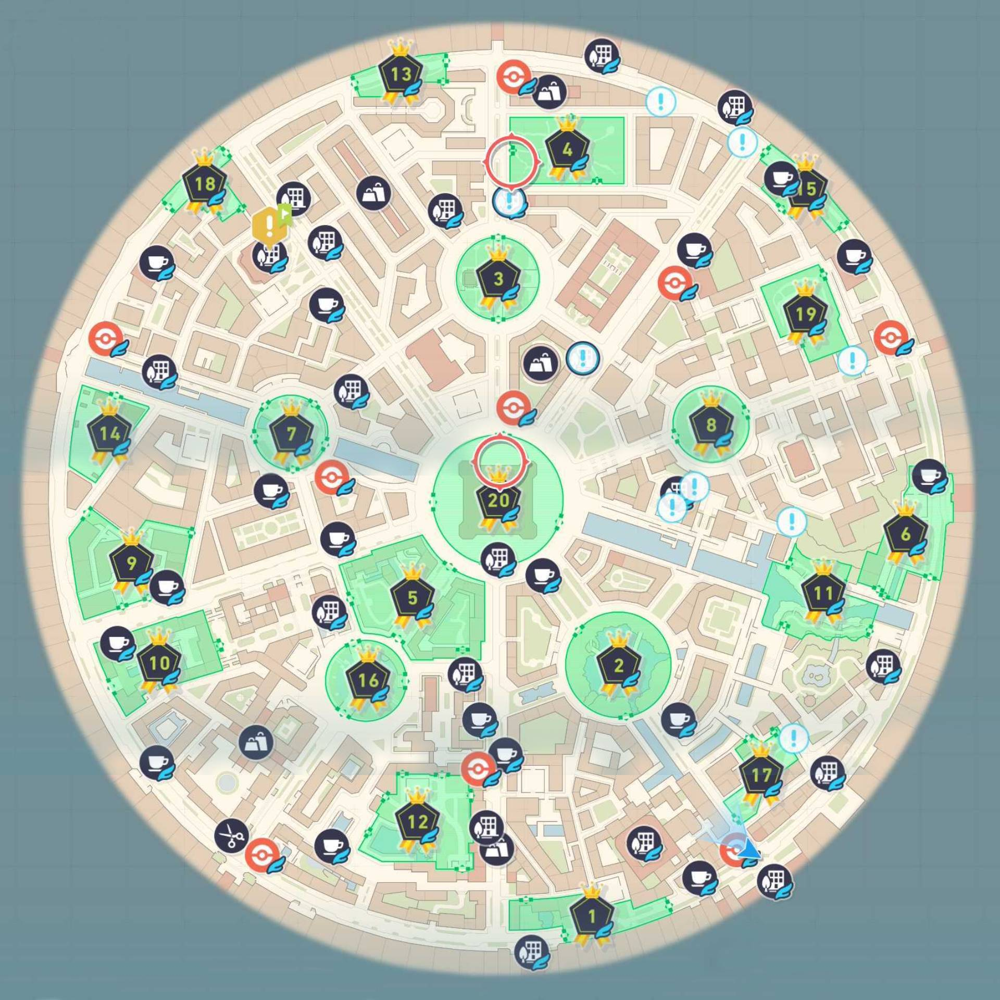 The in-game map of Lumiose City (fully zoomed out) showing all 20 numbered Wild Zones highlighted in green, along with icons for Poké Centers, shops, and ‘!’ quest markers across the different districts.