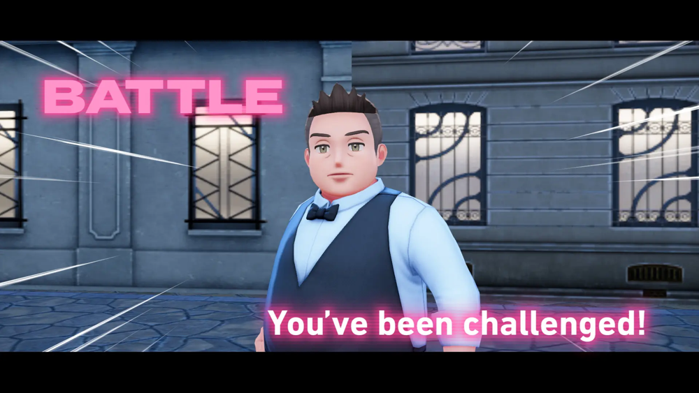A neon-pink ‘BATTLE – You’ve been challenged!’ alert appears as a Lumiose City café waiter NPC initiates a fight after spotting the player at night.