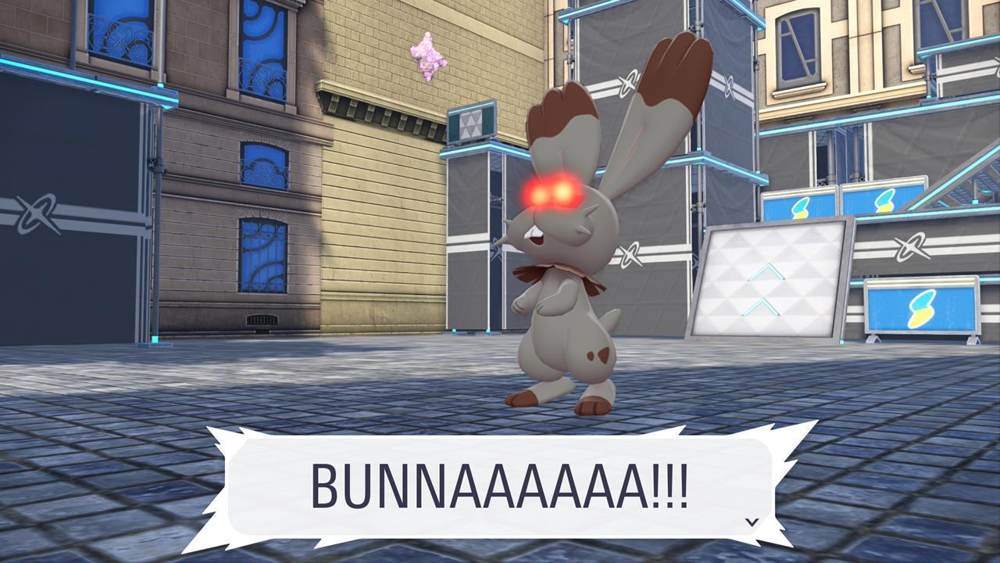 An Alpha Pokémon with glowing red eyes (much larger than usual) roars aggressively in a Lumiose alley, demonstrating its increased size and hostility (a smaller normal Pokémon stands off to the side for scale).