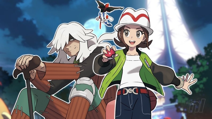 The player protagonist stands in the middle of Lumiose City beside the tall, mysterious AZ (with his Floette hovering above), framed by the Parisian-style buildings and the shining Prism Tower in the distance.