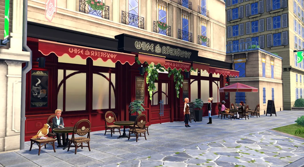 An outdoor café scene in Lumiose City with NPCs dining and a Pidgey perched on a chair, set against rows of Parisian-style buildings.