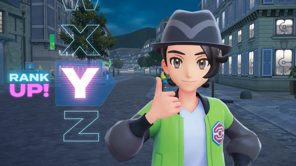 The trainer gives a thumbs-up as a neon overlay announces ‘Rank Up!’ from Rank Z to Rank Y, celebrating a victory in the Z-A Royale.